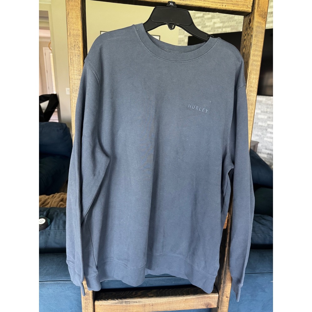 Hurley Mens Crewneck Sweatshirt Blue Gray Embroidered Logo Pullover Large